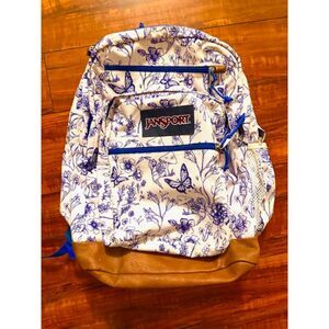 JANSPORT White-Electric Blue Leather Bottom Flower & Butterflies Print Backpack